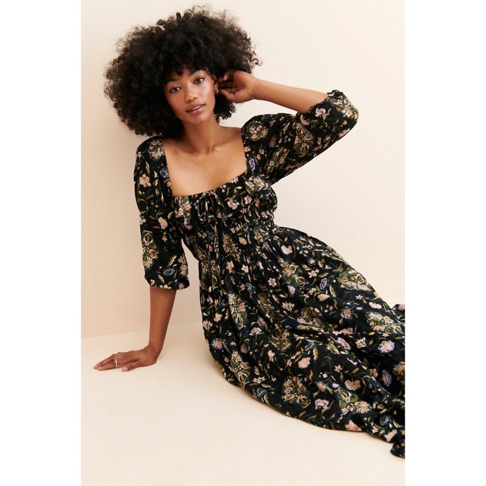 Free People Oasis Floral Printed Midi Dress Black Smocked Puff Sleeve Slit M